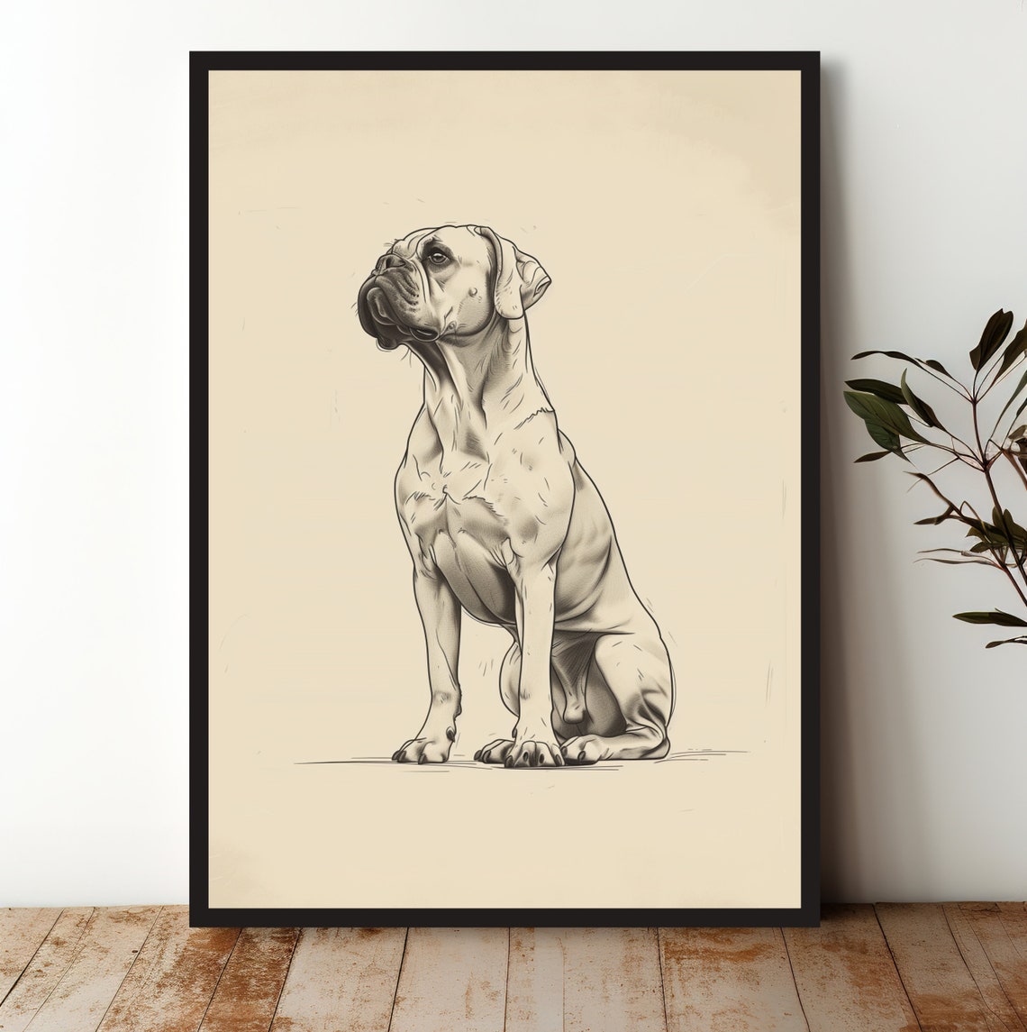 Boxer Dog Line Sketch Sitting Elegant Pet Portrait Art Poster