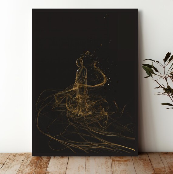 Golden Monk Line Art on Black Minimal Spiritual Meditation Art Print