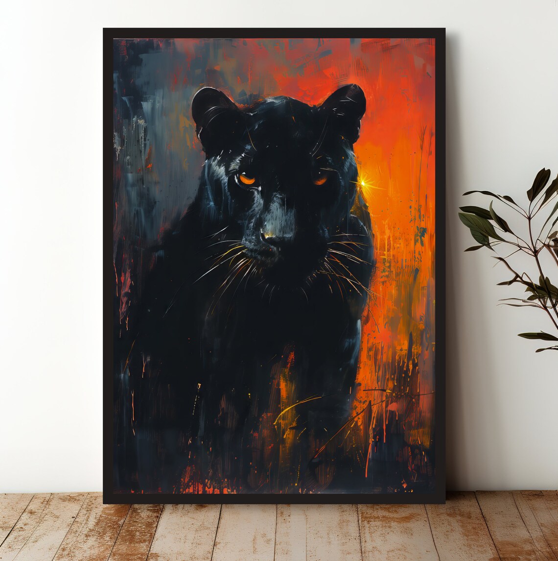 Black Panther Abstract Portrait Fiery Orange Jungle Mood Art Poster