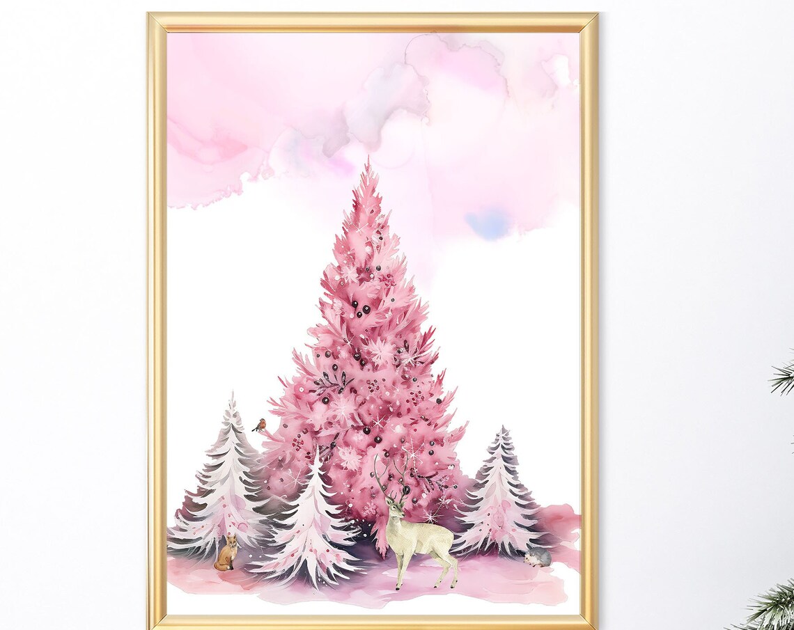 Pink Watercolor Christmas Trees Woodland Deer Holiday Poster