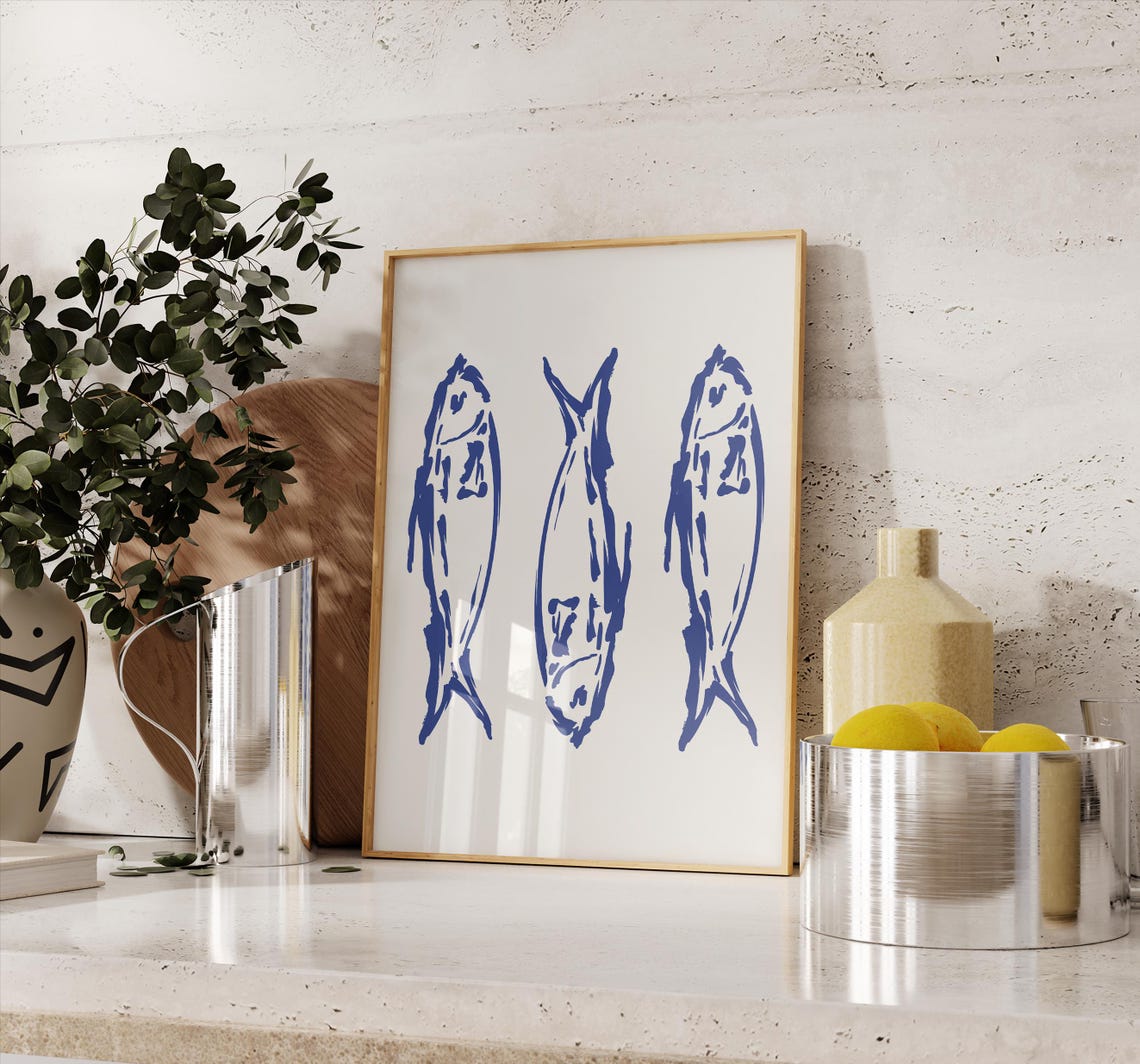 Blue Fish Trio Brushstroke Art Print Sardine Kitchen Nautical Wall Art - Image 2