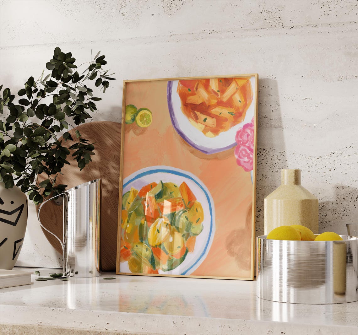 Pasta Bowls Top Down Kitchen Painting Roasted Vegetables Art Poster - Image 3