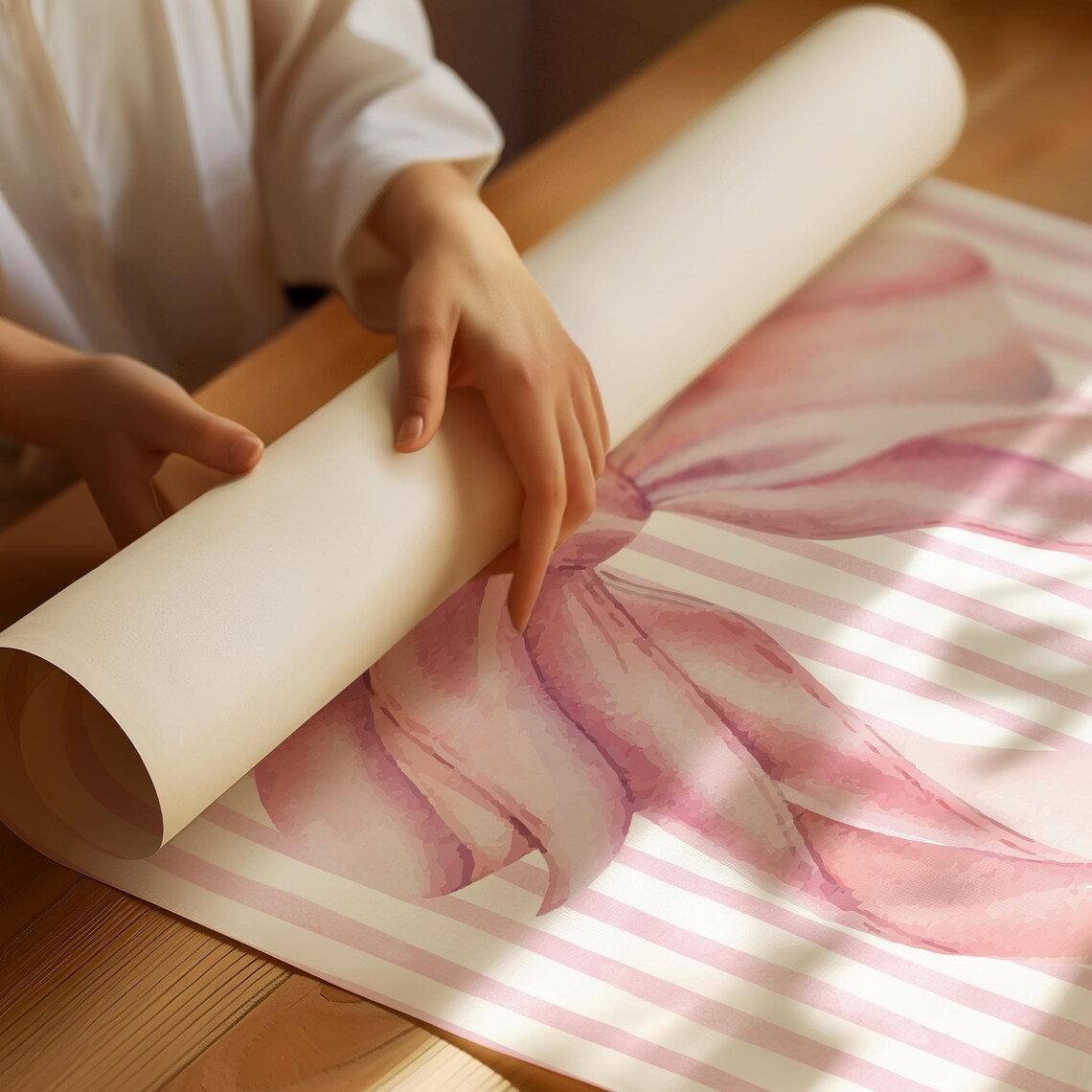 Pink Watercolor Bow On Pink Stripes Coquette Girl Room Wall Art - Image 3