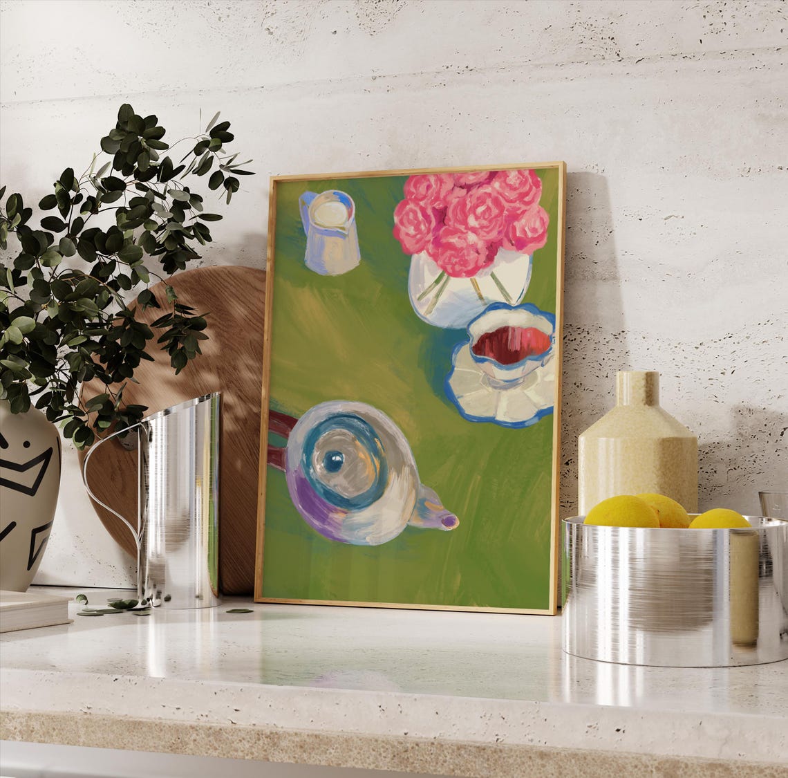 Tea Party Still Life Painting Moody Painting Tea Set Painting Aesthetic Prints Still Life Art Farmhouse Country Art - Image 3