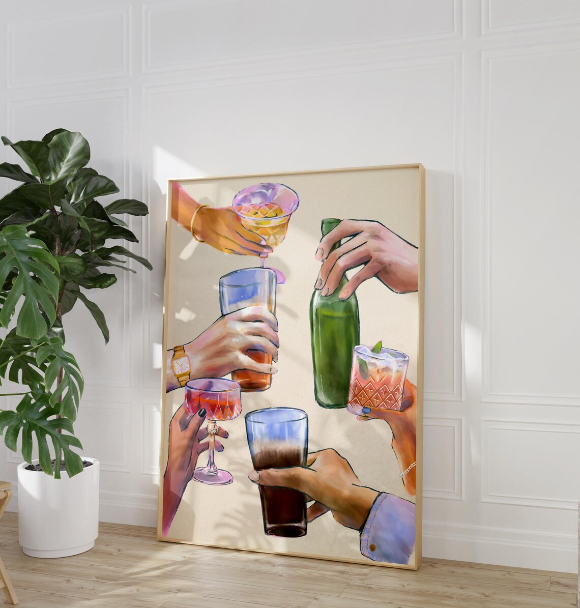 Friends Cheers Cocktail Toast Watercolor Hands Bar Cart Party Wall Art - Image 3