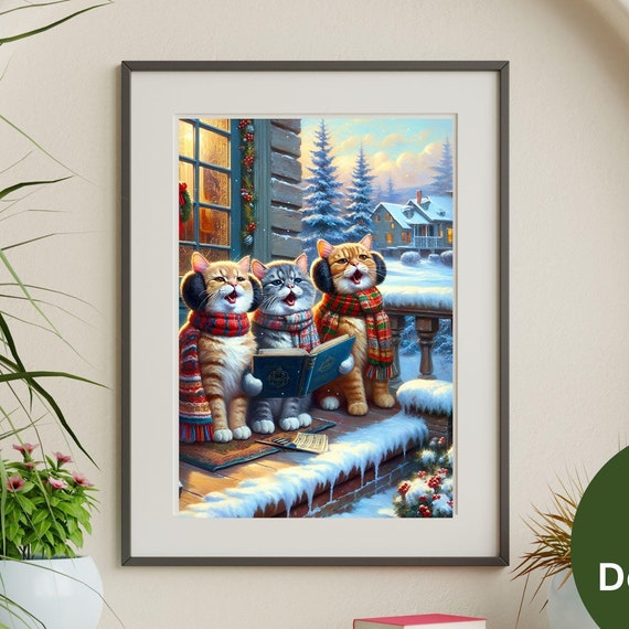 Vintage Kittens With Scarves Ear Muffs Wall Art Cozy Winter Cat Cute Retro Painting Christmas Animal Decor