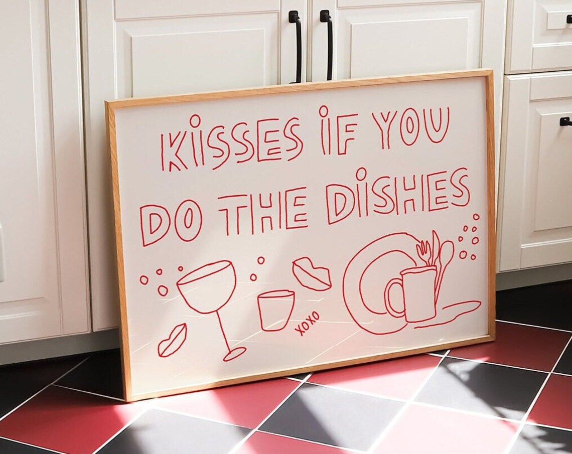 Kisses If You Do The Dishes Print Hand Drawn Print Horizontal Art Print Trendy Kitchen Art Above The Sink Poster Typography Print