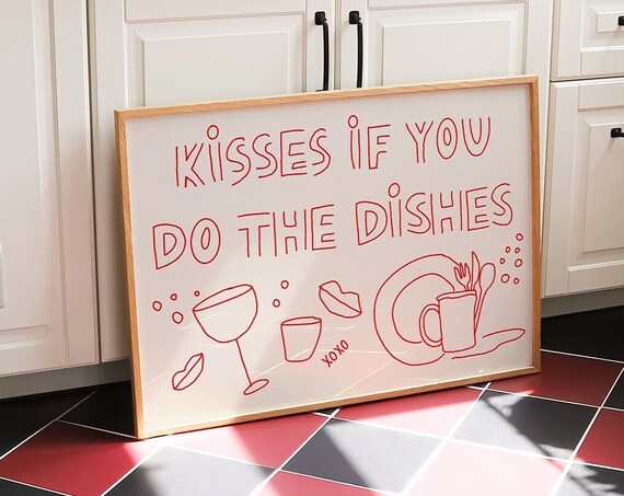 Kisses If You Do The Dishes Print Hand Drawn Print Horizontal Art Print Trendy Kitchen Art Above The Sink Poster Typography Print