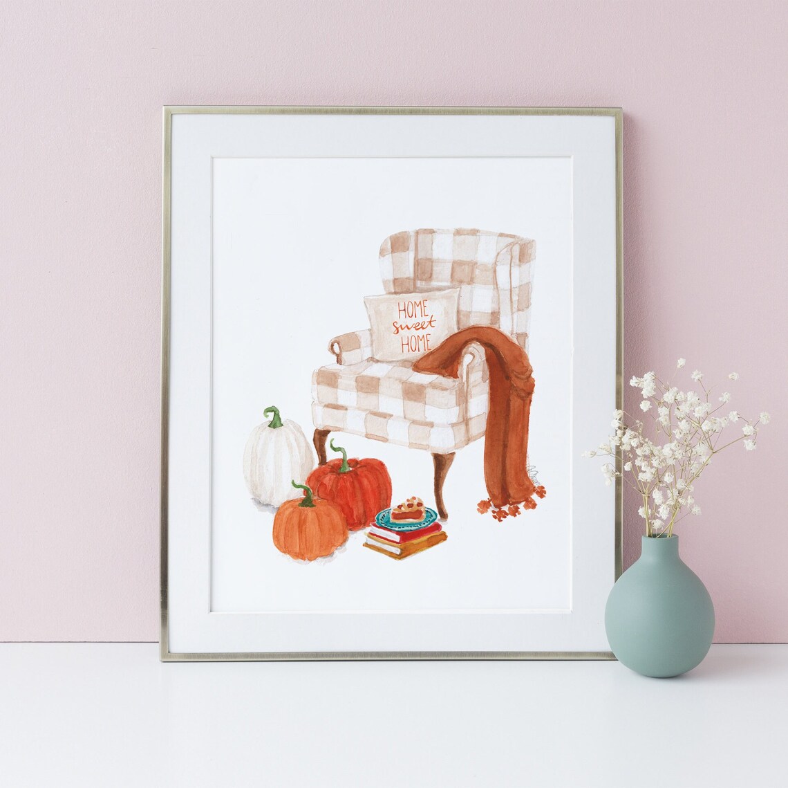 Gingham Armchair with Home Sweet Home Pillow and Pumpkins Poster - Image 2