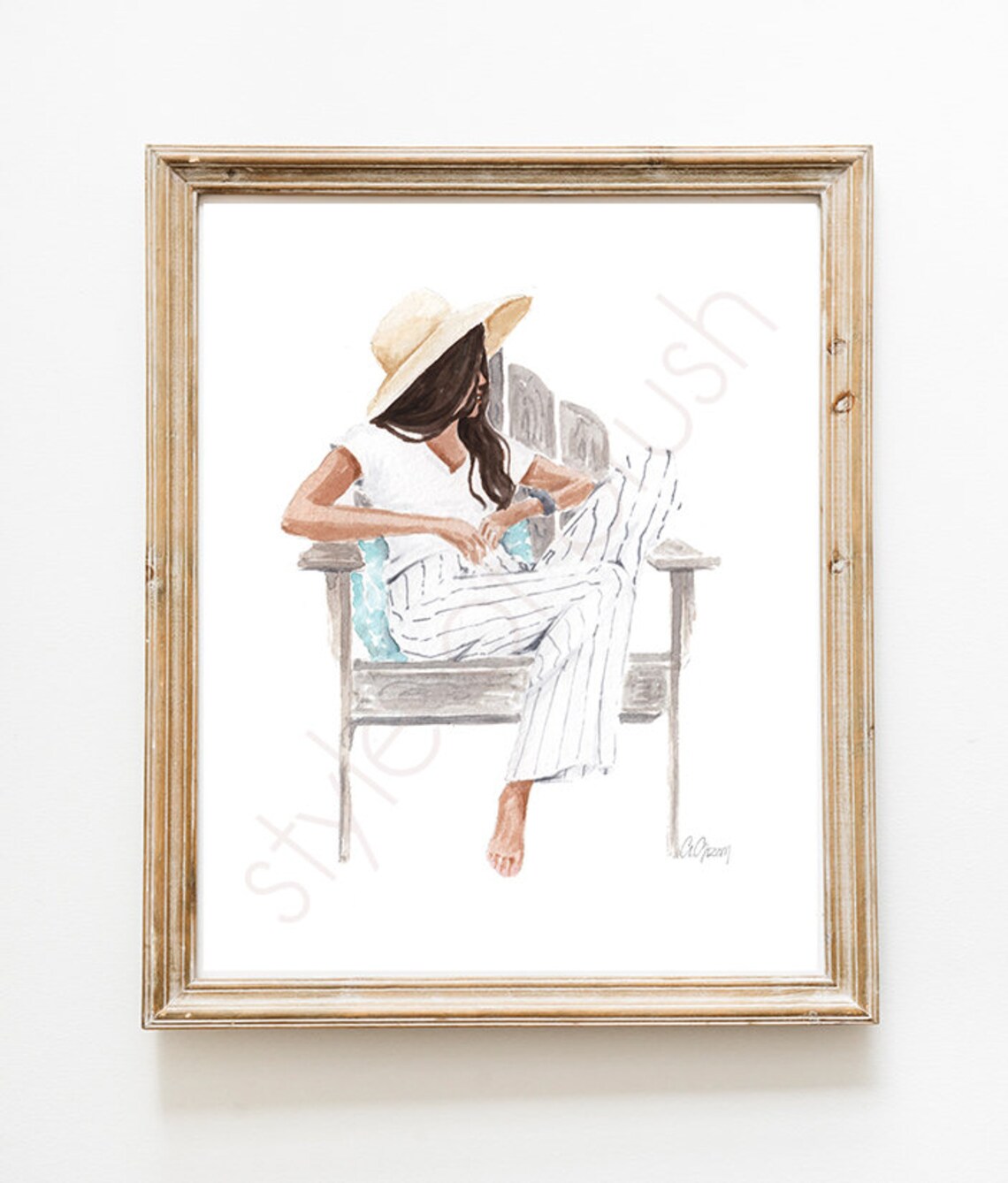 Woman in Straw Hat Lounging in Striped Pants on Beach Chair Poster - Image 2