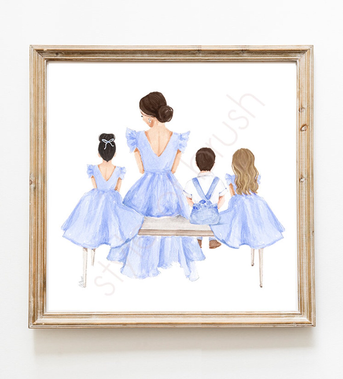 Mother with Three Children in Blue Outfits Sitting on Bench Poster - Image 2
