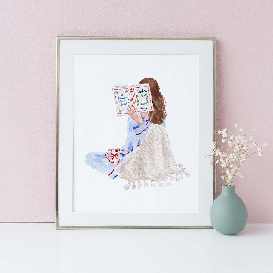Book Lover Girl in Pajamas Reading with Blanket and Red Mug Poster - Image 2