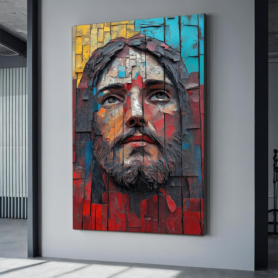 Jesus Christ Face Colorful Mosaic Relief Portrait Golden Halo Art Print