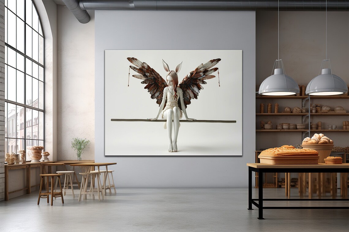 Winged Fairy Woman with Brown Feathered Wings Sitting Surreal Art Poster - Image 3