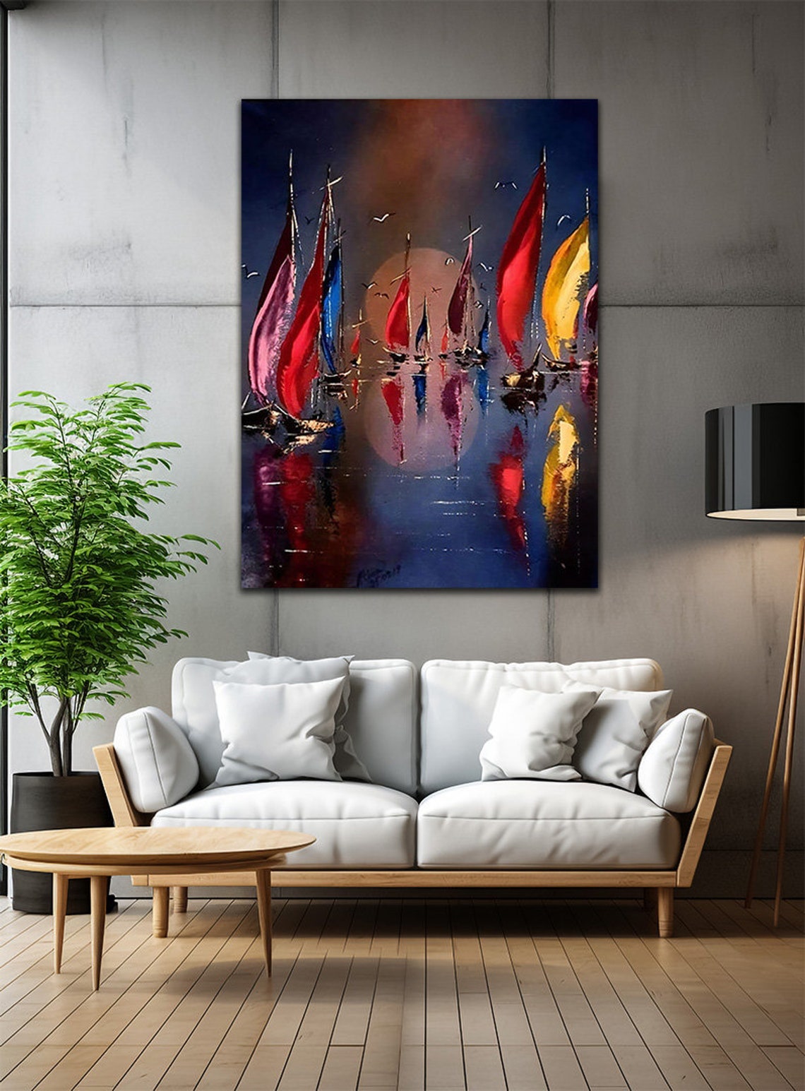 Colorful Sailboats Moonlight Regatta Painting Night Sea Reflection Art - Image 3