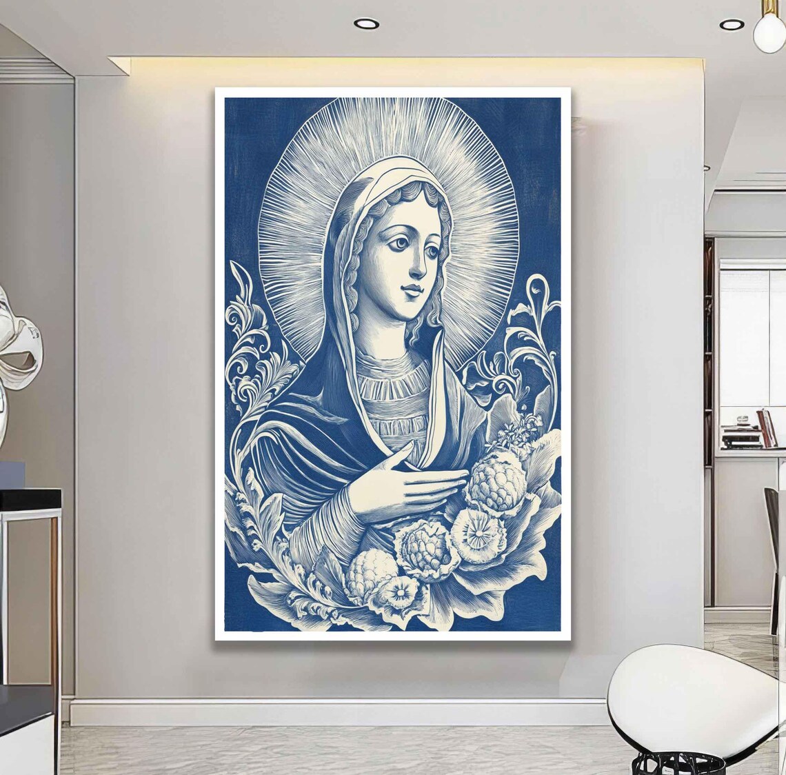 Our Lady Of Guadalupe Blue And White Floral Religious Art Poster - Image 2