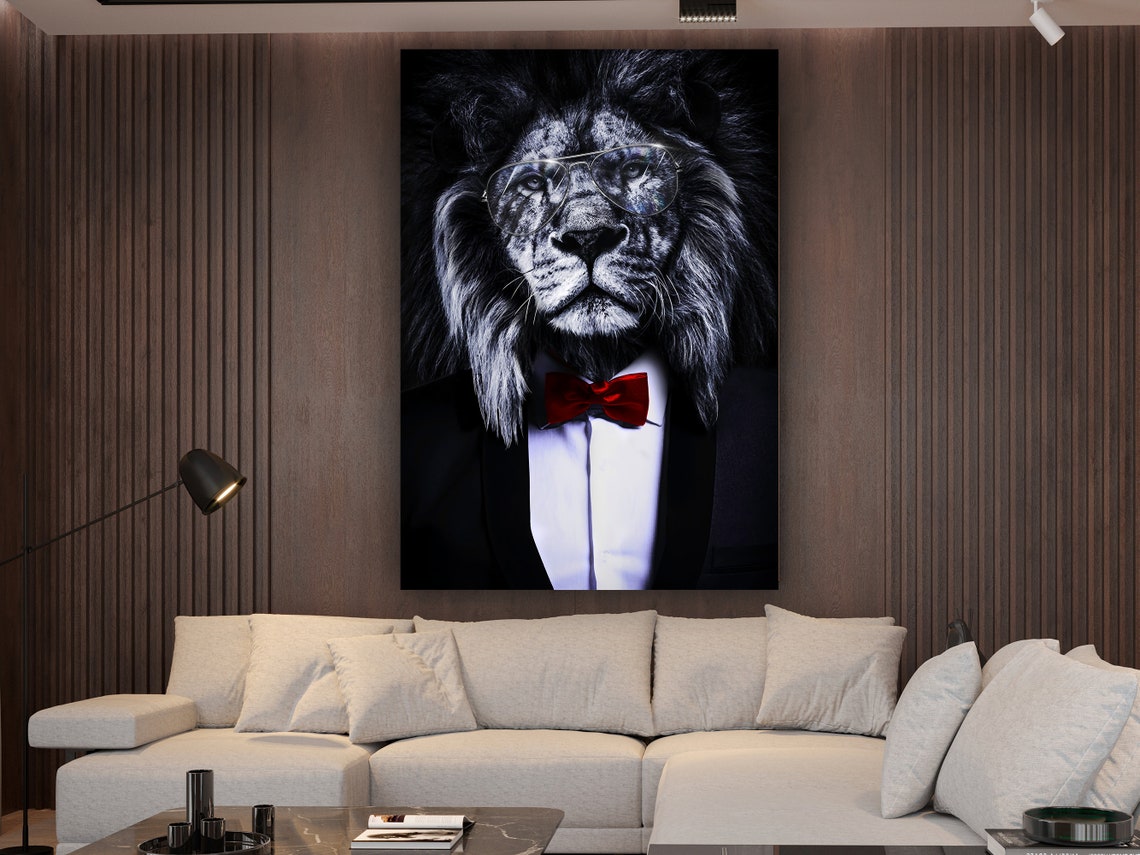 Lion In Suit Red Bow Tie Glasses Funny Animal Portrait Poster