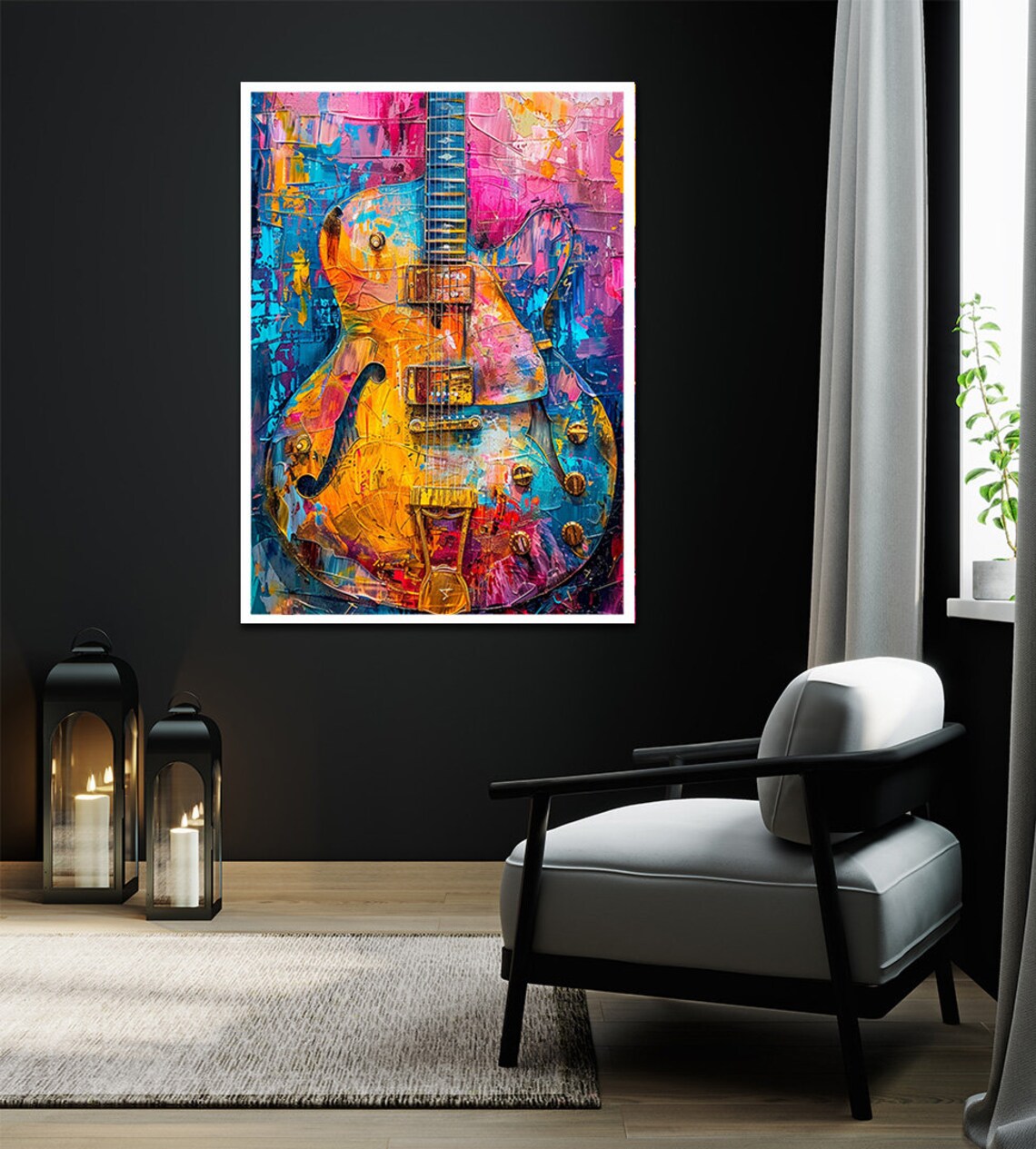 Colorful Abstract Electric Guitar in Pink Blue and Orange Palette Poster - Image 2
