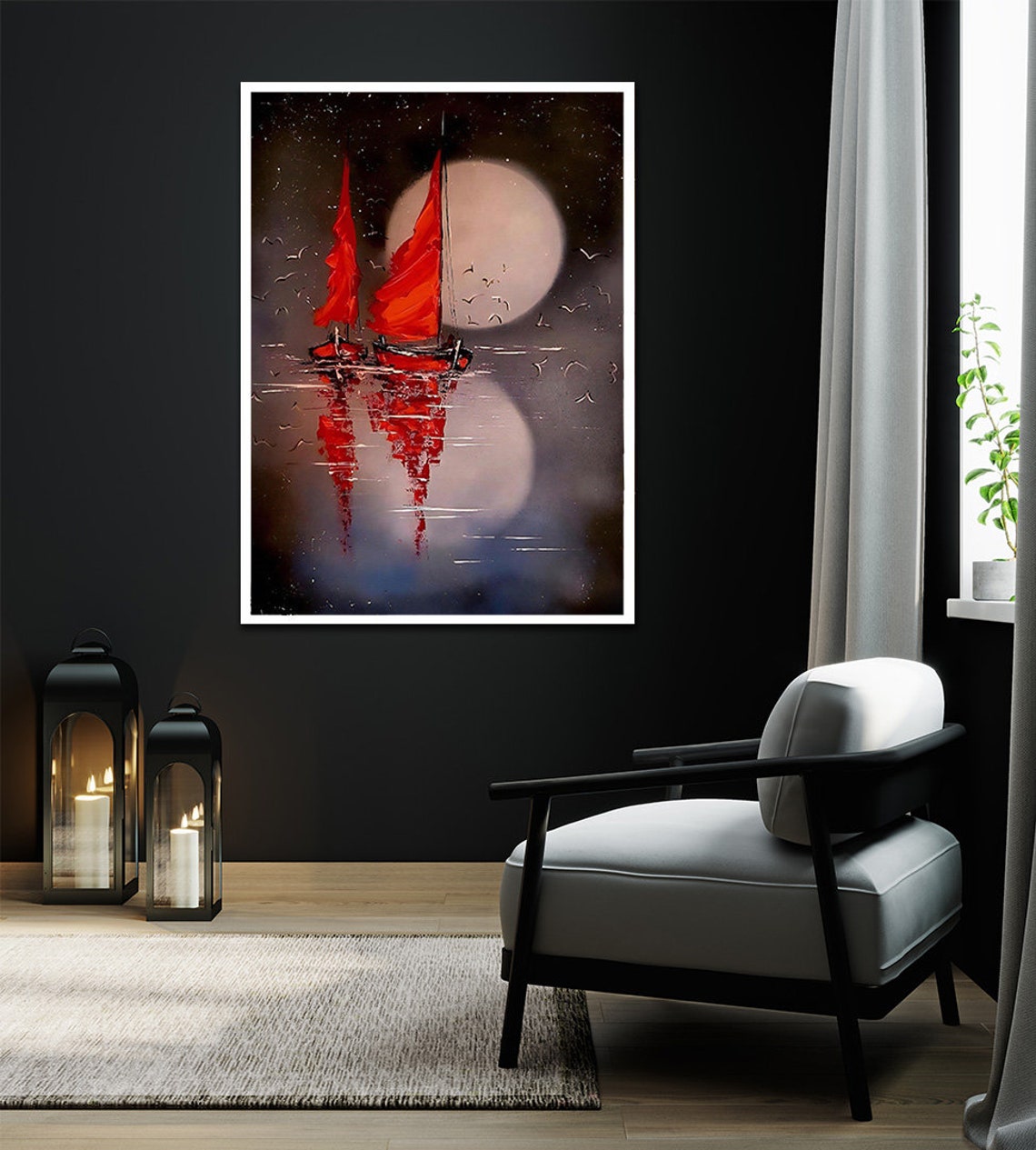 Perfect Landscape Painting Printed Painting Nature Art Moon Poster Red Sail Painting Ship Landscape Painting Black Red Painting - Image 2