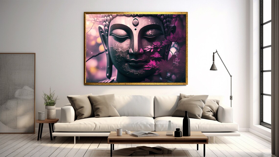 Buddha Face With Pink Blossoms Dreamy Purple Meditation Wall Art - Image 2