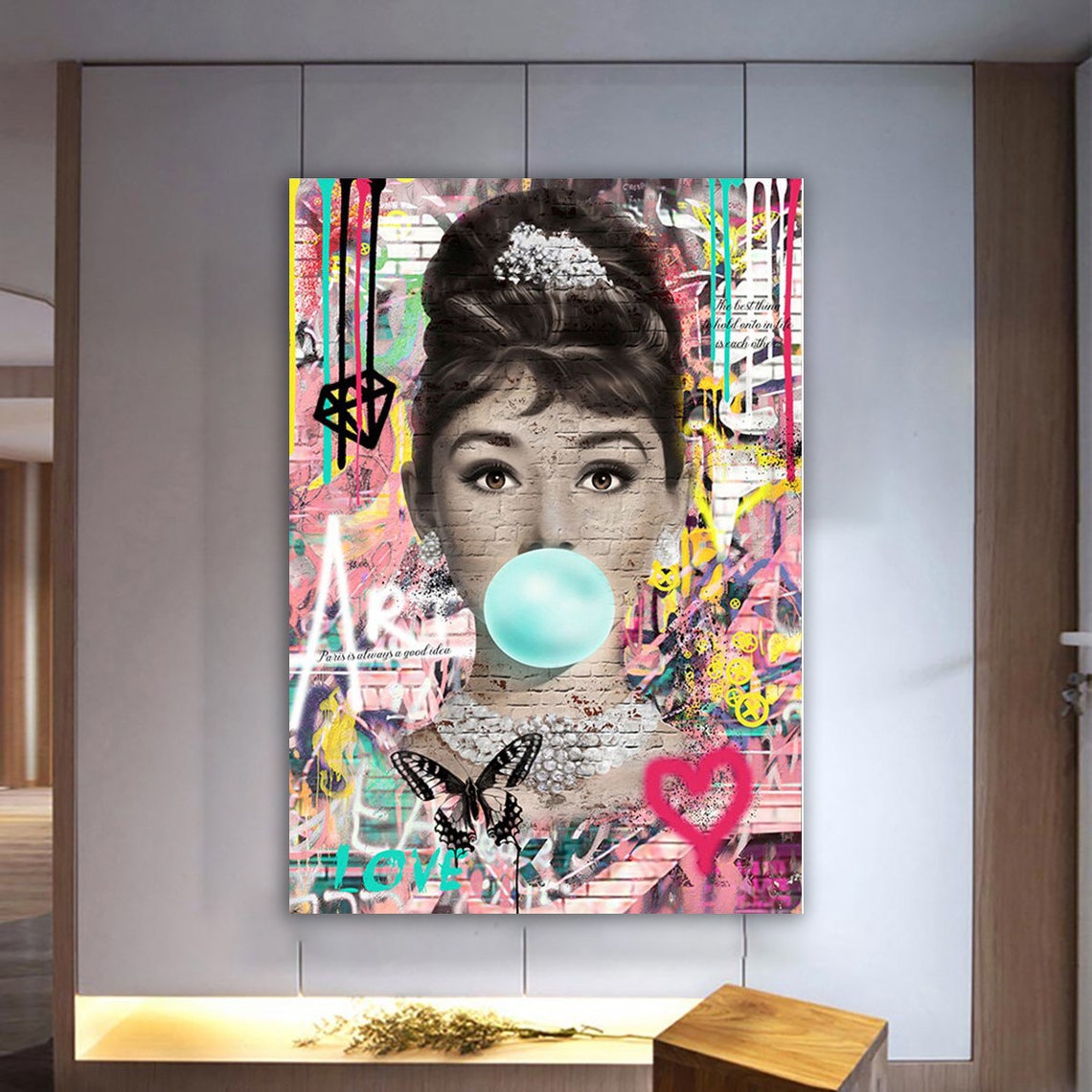 Audrey Hepburn Bubble Gum Graffiti Pop Art Portrait Pink Wall Decor - Image 2