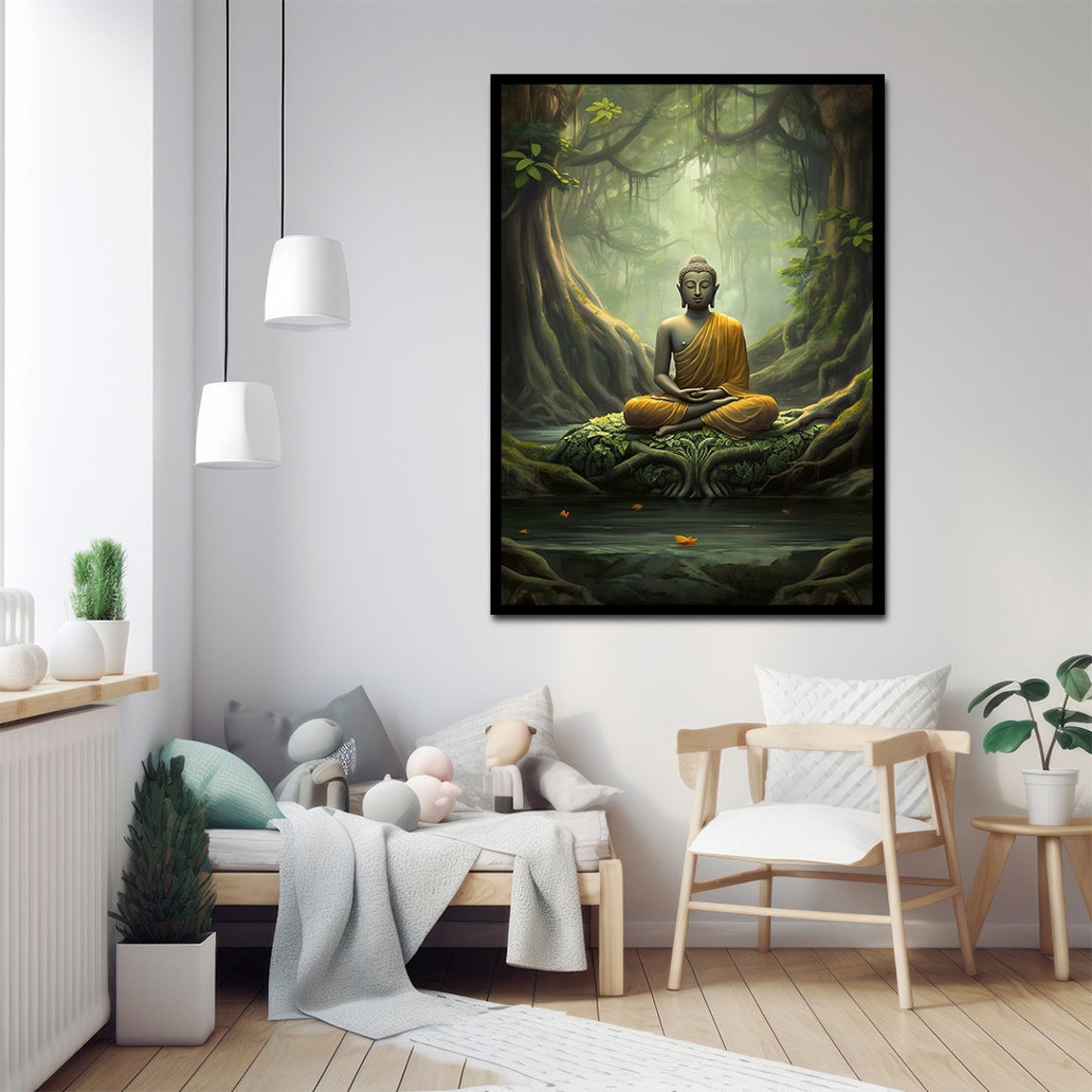 Meditating Buddha in Misty Green Forest Golden Robe Spiritual Poster - Image 3