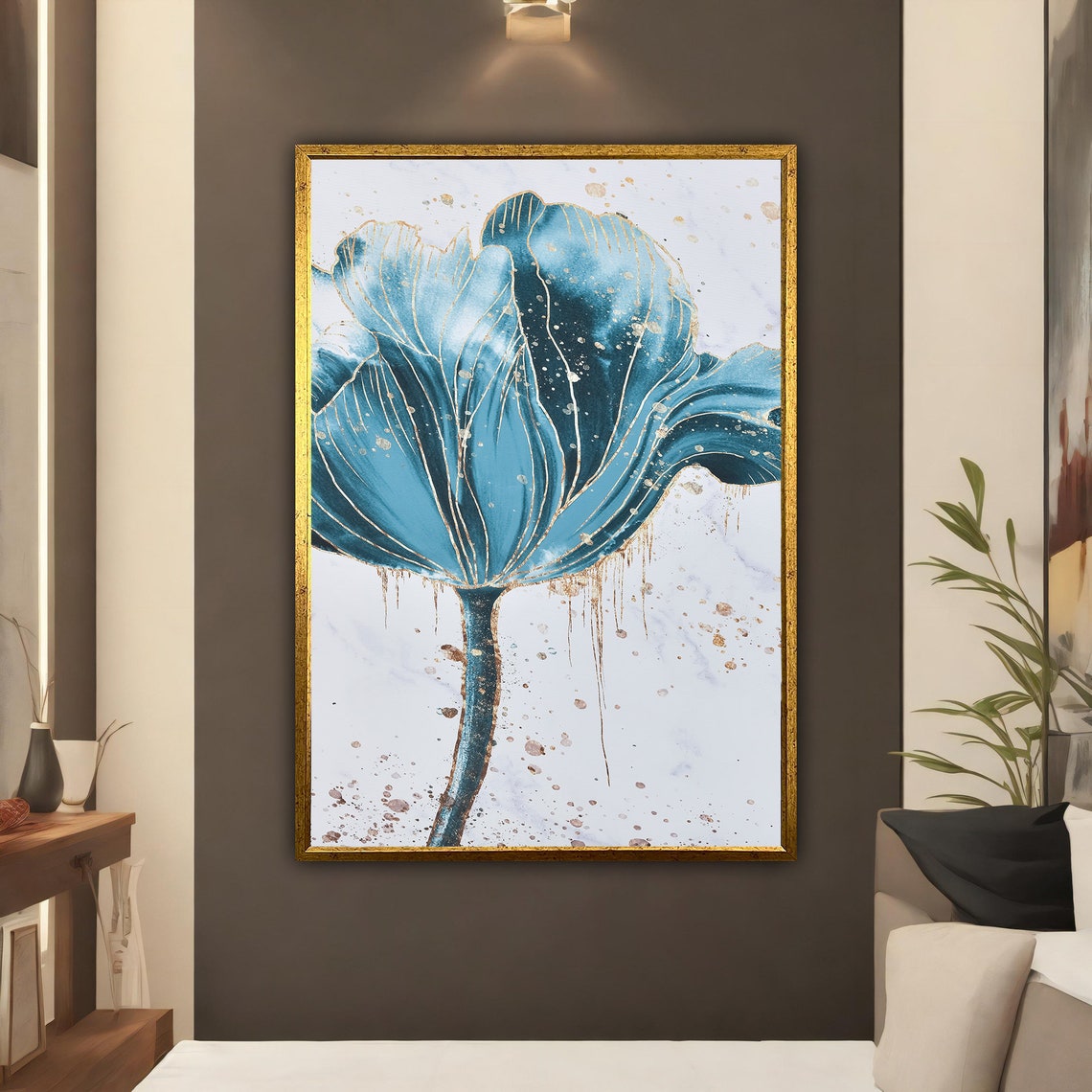 Teal Blue Tulip Gold Splatter Modern Floral Painting Wall Poster - Image 3