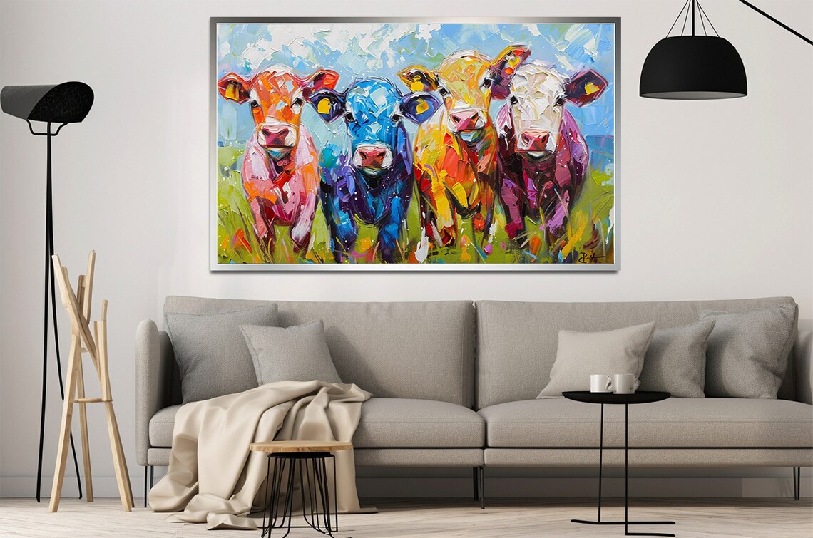 Colorful Cows Painting Four Happy Cows Pop Art Farm Animal Wall Decor - Image 3