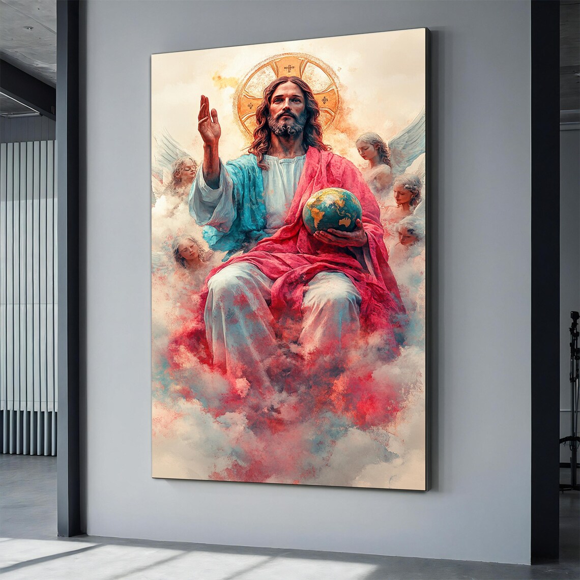 Jesus Christ Holding Earth Globe Among Angels In Clouds Art Print