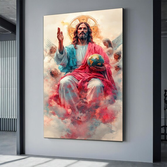 Jesus Christ Holding Earth Globe Among Angels In Clouds Art Print