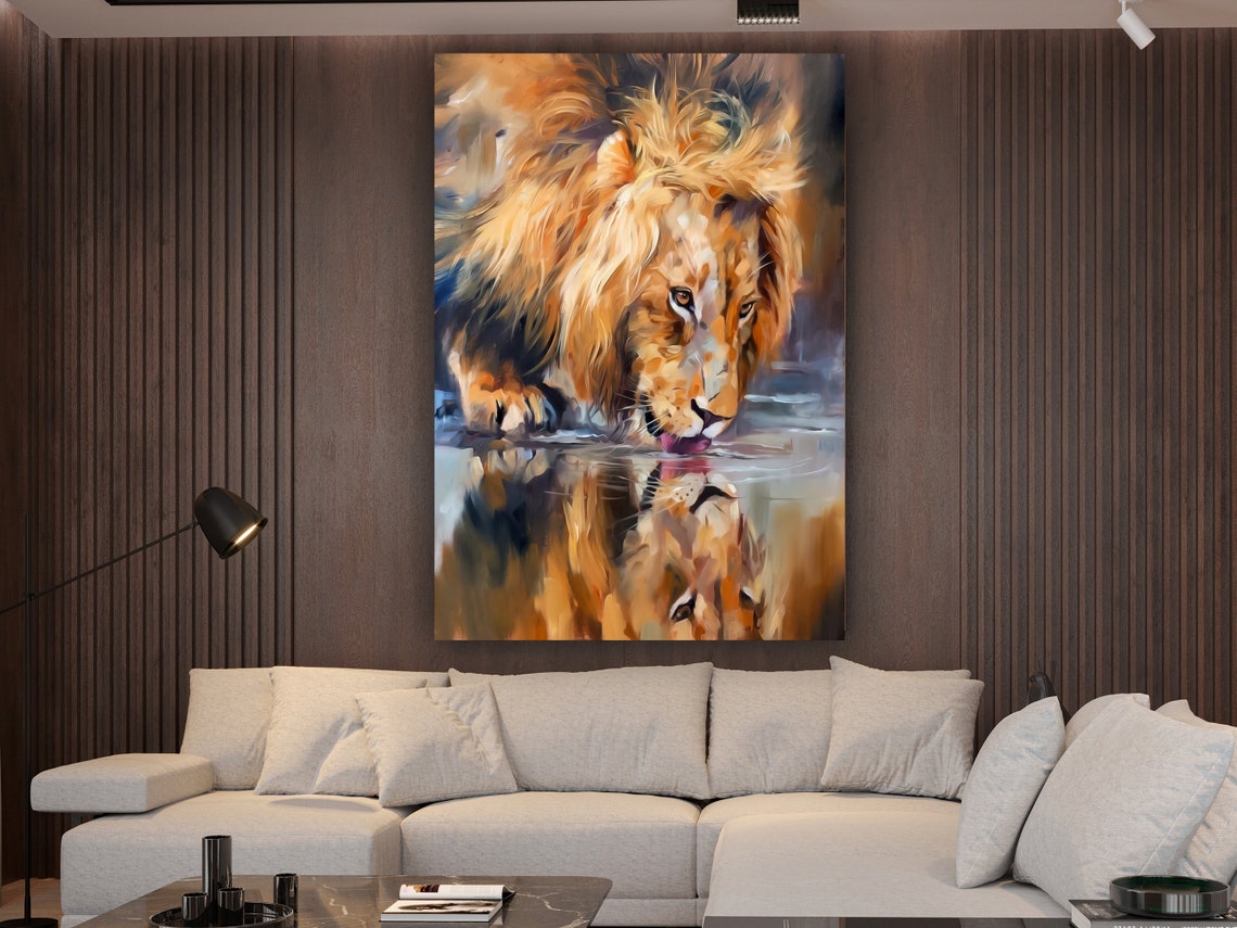 Lion Drinking Water Reflection Oil Painting Wildlife Art Poster - Image 2