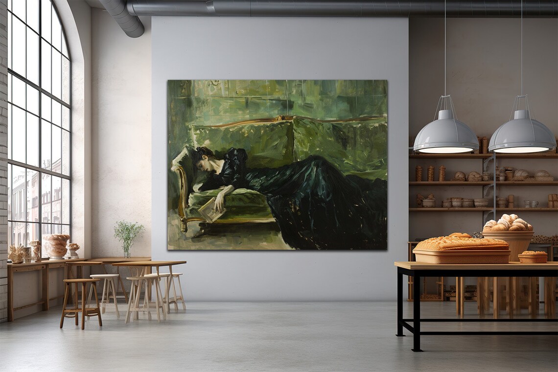 Woman Reading on Green Sofa Vintage Impressionist Oil Painting Poster