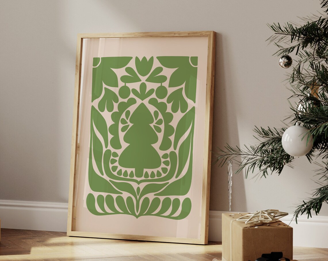 Green Folk Art Christmas Tree Botanical Scandinavian Holiday Wall Poster - Image 2