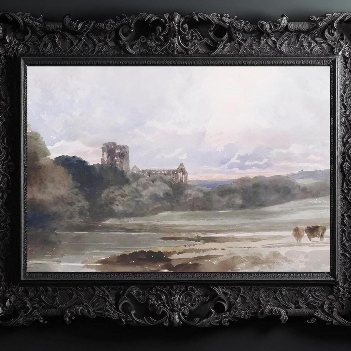 Castle Ruins by the River Vintage Pastoral Landscape Art Poster