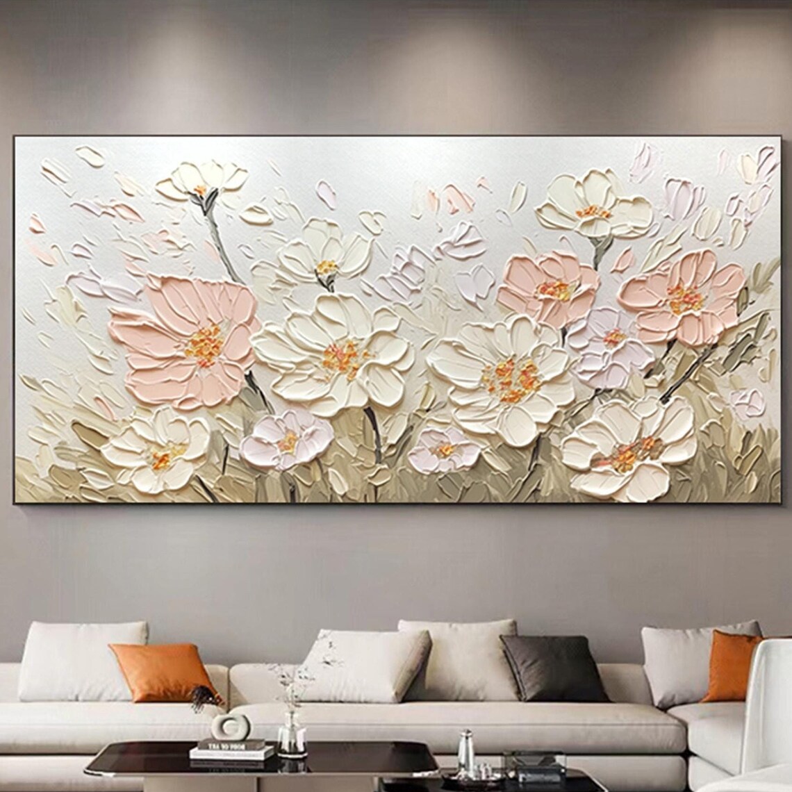 White Blush Anemone Flower 3D Textured Floral Meadow Painting Poster - Image 5