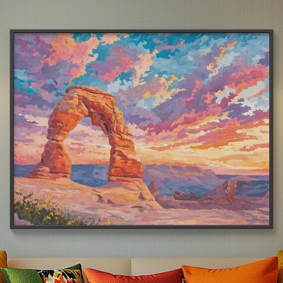 Desert Sandstone Arch Framed by Colorful Sunset Clouds Poster