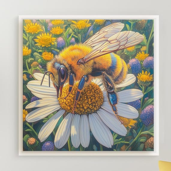 Honey Bee On Daisy Colored Pencil Art Lifelike Botanical Drawing With Intricate Wings Yellow Petals Fine Texture Fun Canvas For Home