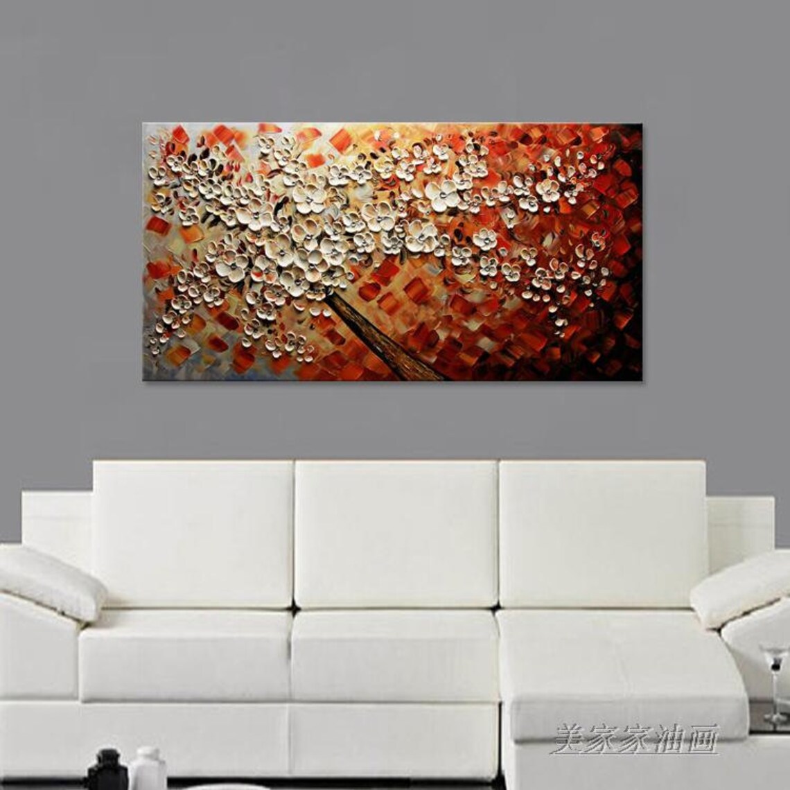 White Cherry Blossom Tree On Fiery Red Textured Oil Paint Poster - Image 4