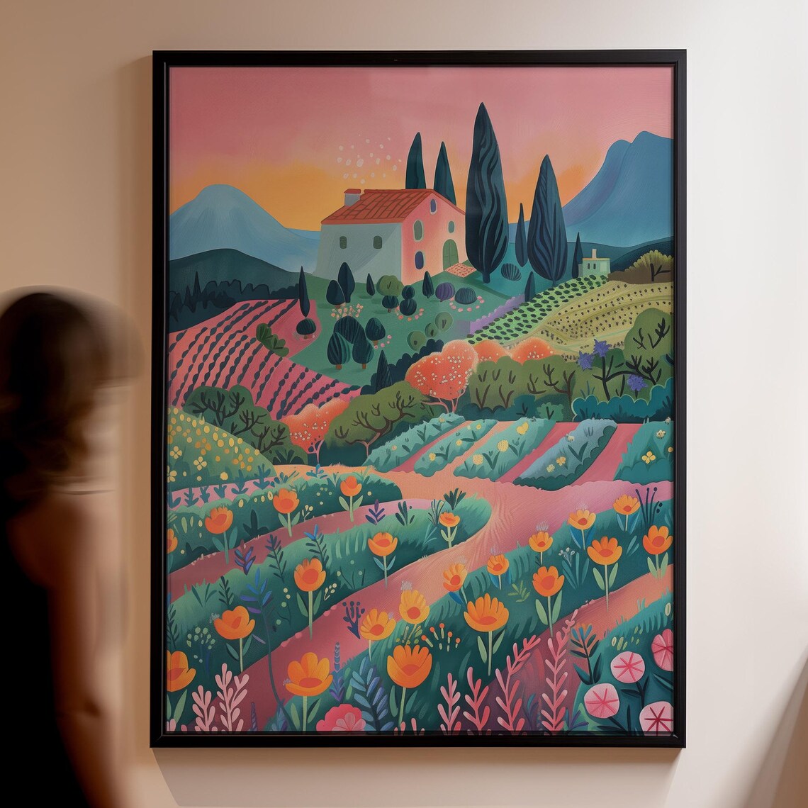 Sunset Tuscan Countryside Villa Cypress Trees Flower Fields Art Poster