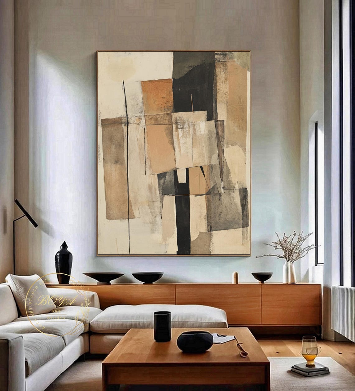 Tall Beige and Black Geometric Stacks Wabi Sabi Abstract Poster - Image 2
