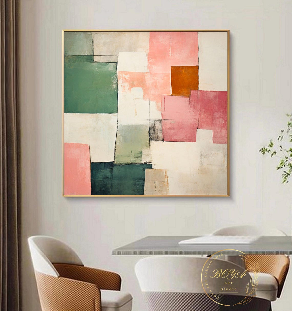 Pink Abstract Painting Large Beige Abstract Art Cream Wall Art Pink Textured Art Green Wall Painting Multicolor Painting Modern Wall Art - Image 3