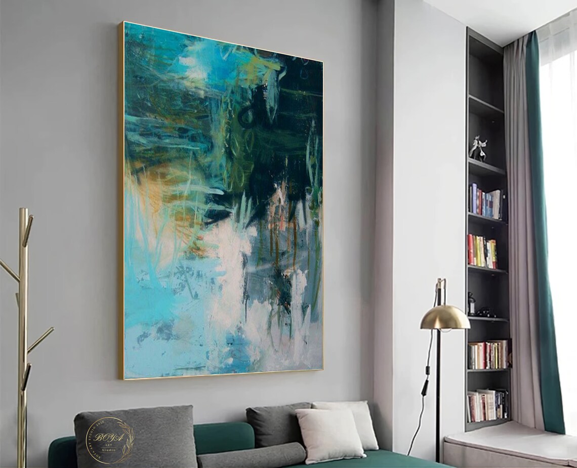 Leaf Abstract Painting, Modern Green Blue Art Print - Image 4