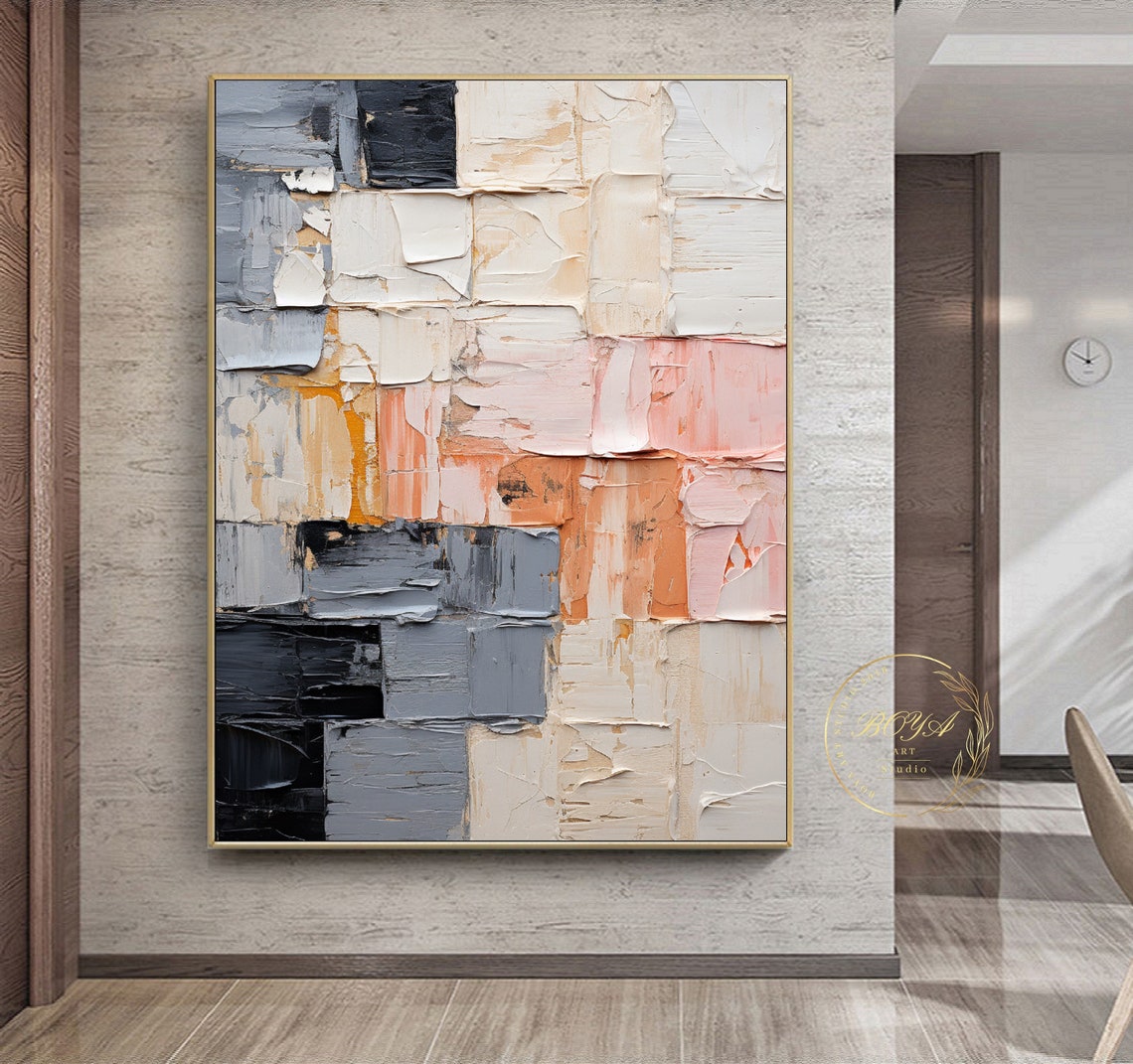 Gray Black Cream Pink Patchwork Textured Abstract Artwork Poster - Image 2