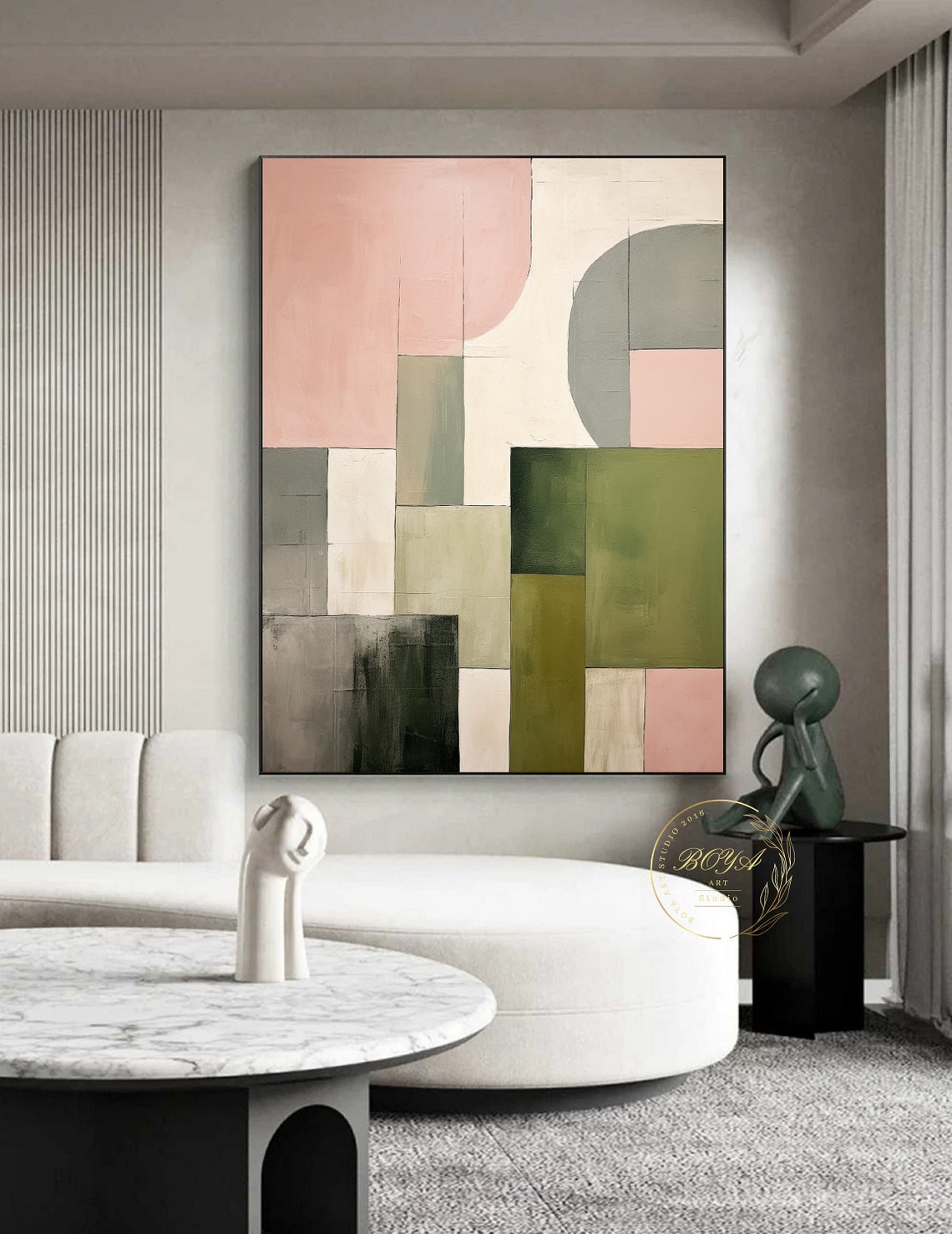 Original Pink Abstract Painting Green Wall Painting Large Beige Oil Painting Green Textured Art Geometric Abstract Art Minimalist Wall Art - Image 3