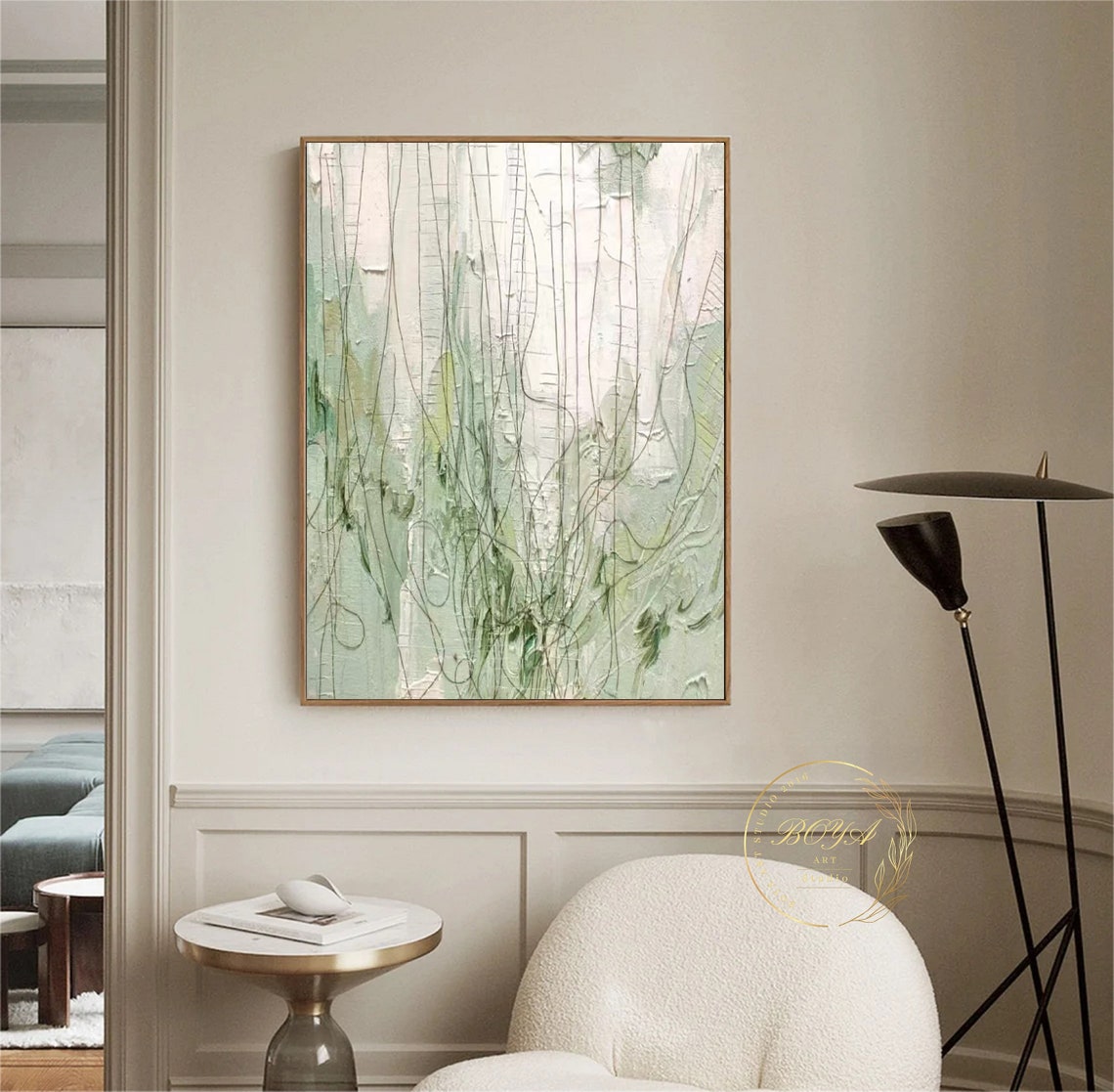 Cream and Green Hanging Vine Line Abstract Art Painting Poster - Image 2