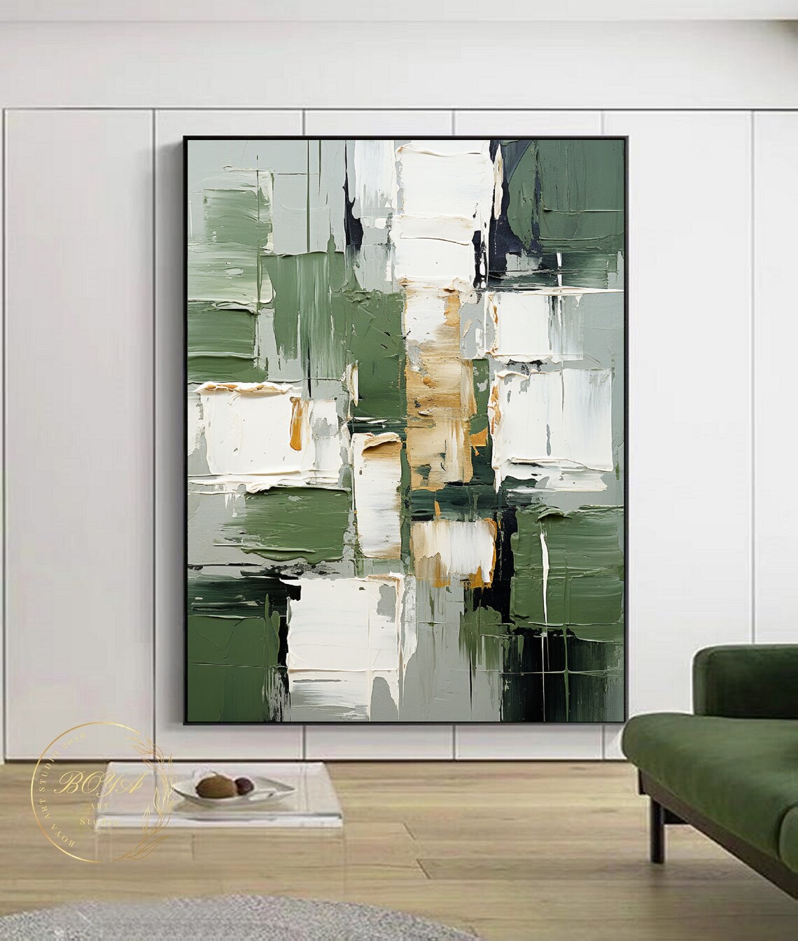 Original Green Abstract Painting White Textured Art Large Green Wall Art White Texture Painting Gold Abstract Art Modern Oil Painting - Image 4