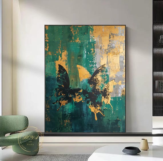 Green Abstract Art Original Butterfly Abstract Painting Gold Textured Painting Large Green Wall Painting Gold Textured Art Modern Art