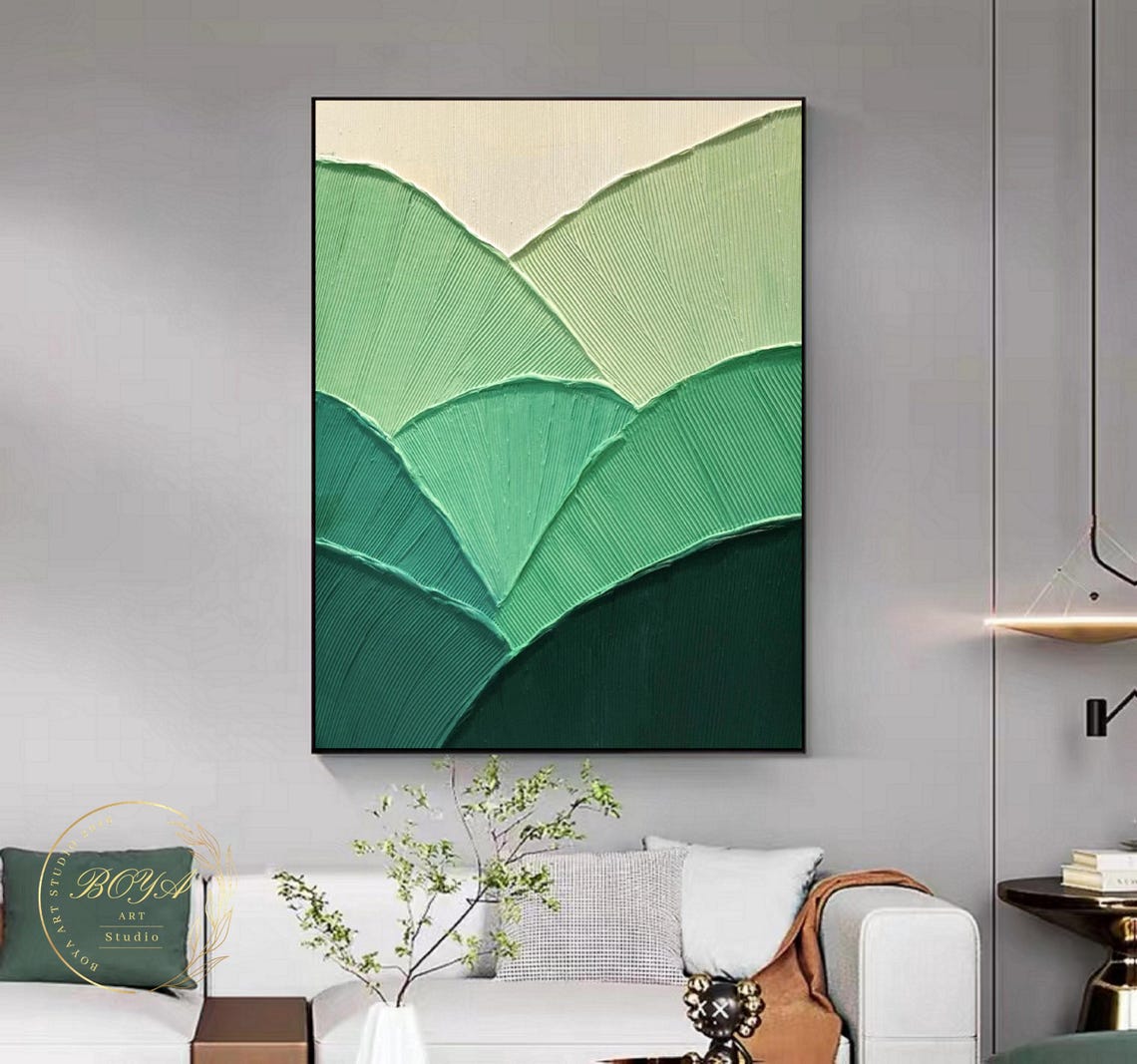 Green Gradient Ridged Leaves with Impasto Texture Abstract Poster - Image 2