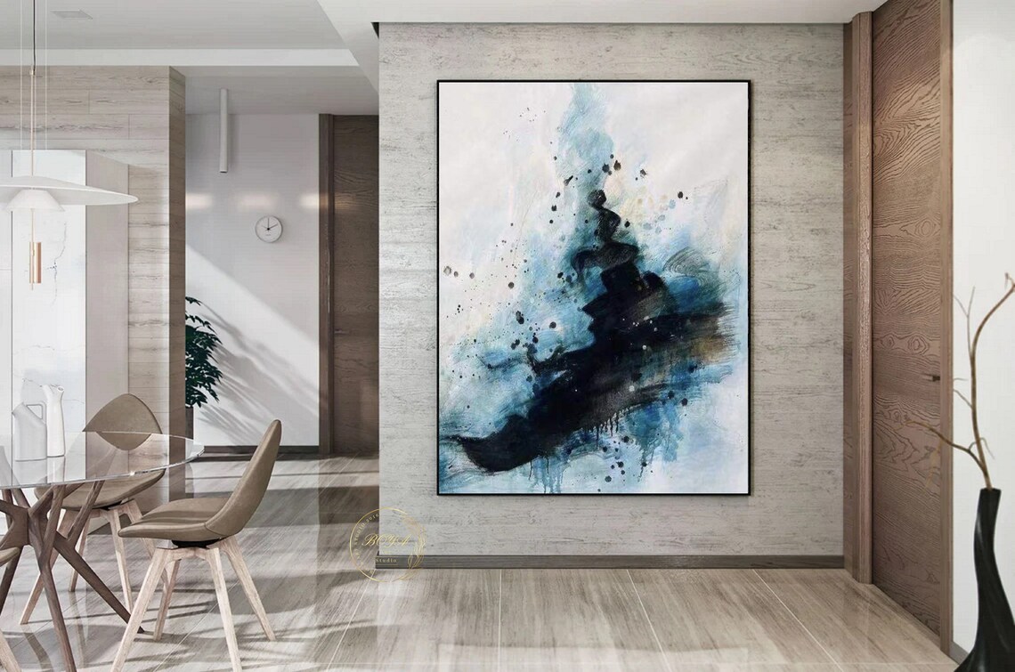 Black Ink Splash on Blue White Wash Abstract Painting Art Poster - Image 3