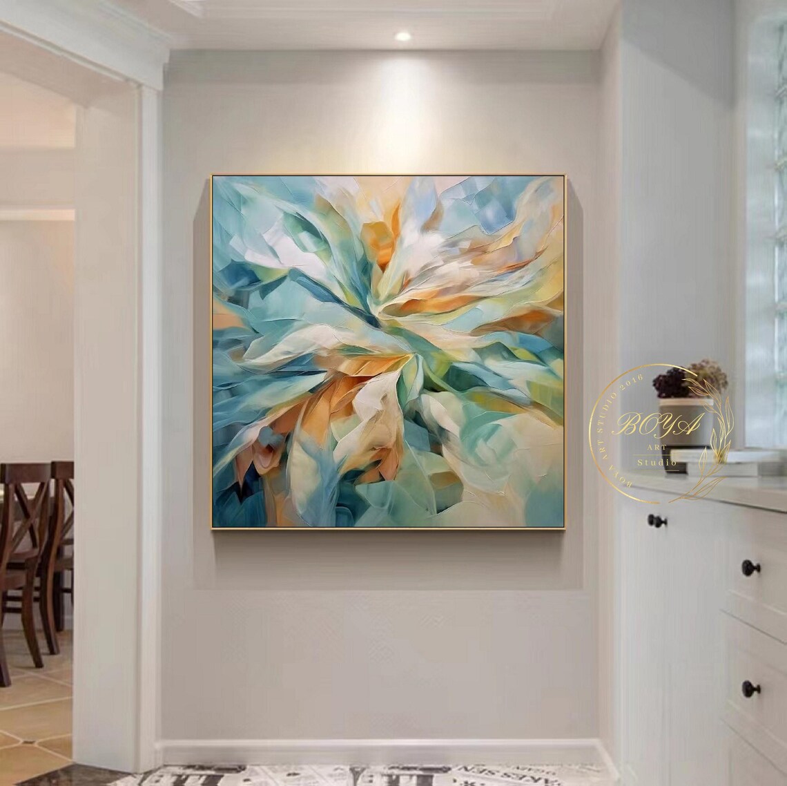 Blue Orange and Teal Blooming Flower Abstract Art Painting Poster - Image 3